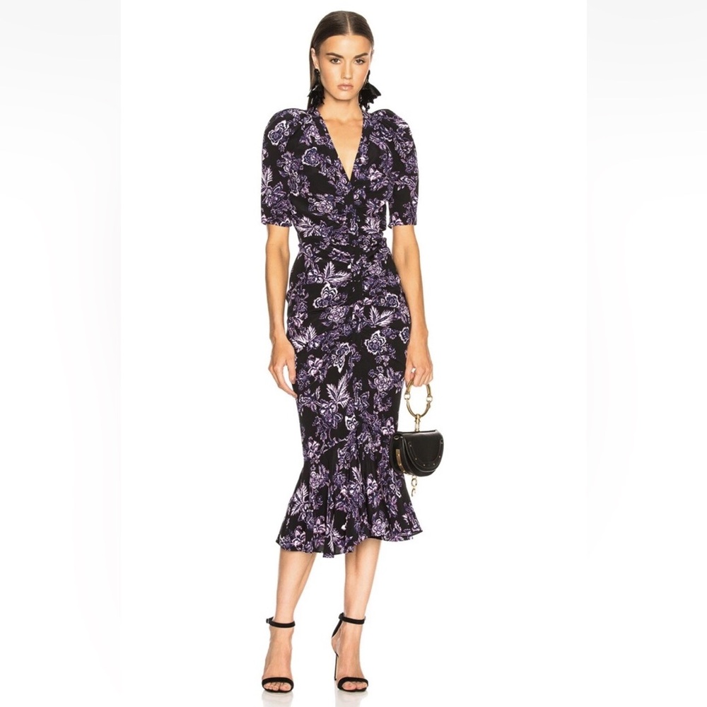 Veronica Beard Kent 100% Silk Midi Dress in Black Isla Floral Size 0